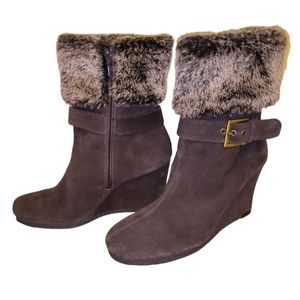 Faux Fur Cuff Brown Suede Wedge Comfort Telltale Boots by Aerosoles Size 7.5